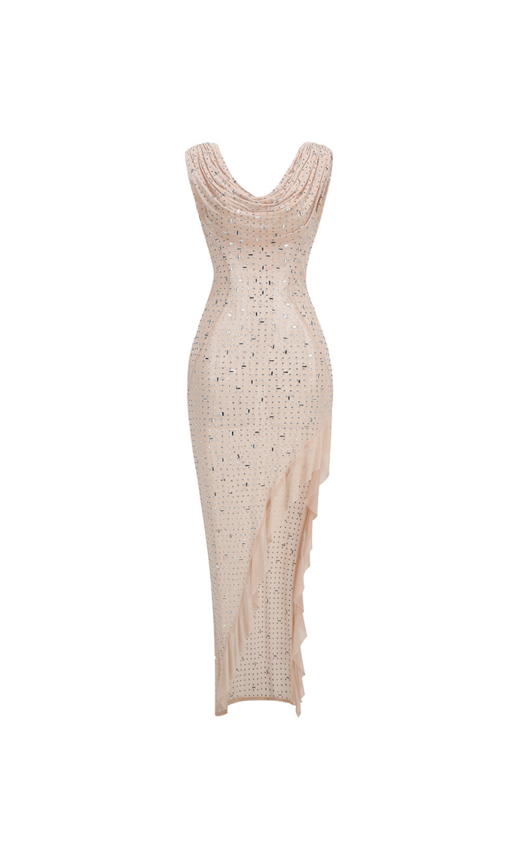 TIEFSCHNITT-NETZKLEID MIT VERZIERUNG UND RÜSCHEN