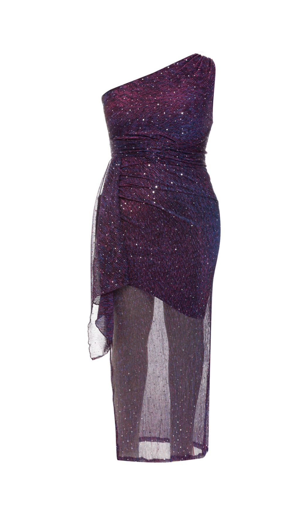 PLUS EINSCHULTERIGES, DRAPIERTES, SEITLICH GESCHLITZTES OBERSCHENKELKLEID