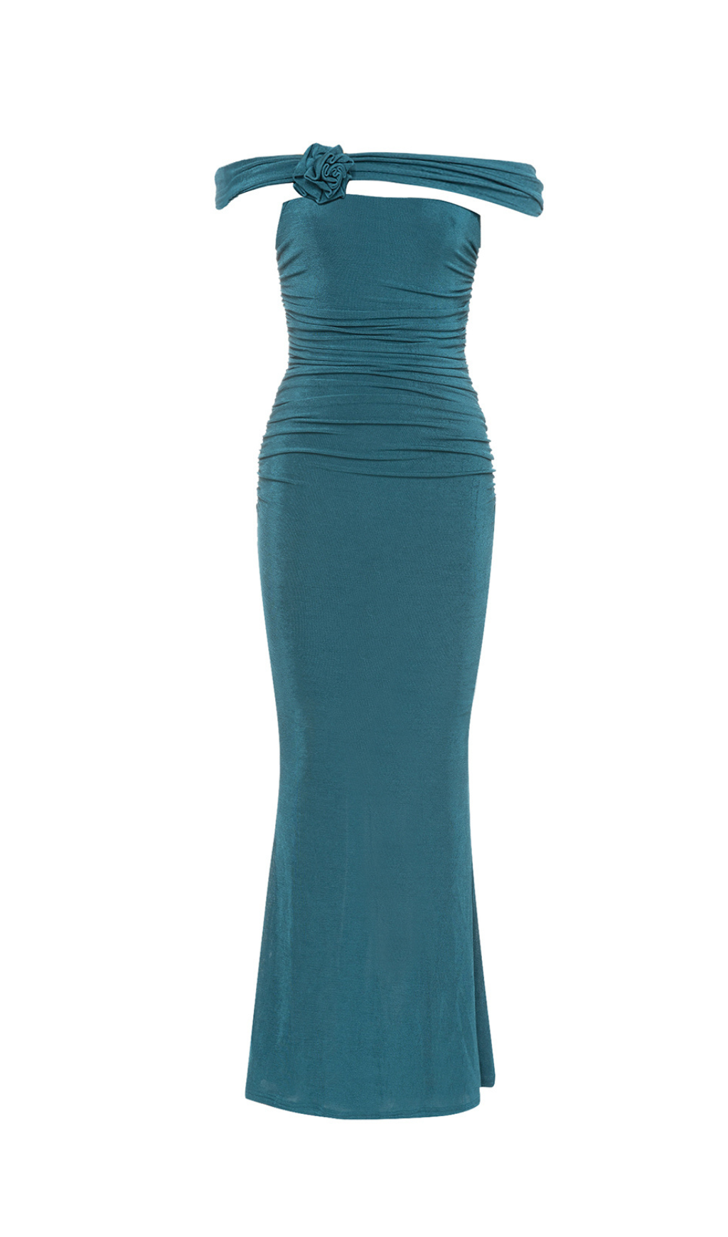 ABITO GLITTER CON ORLO A SIRENA E SPALLE SCOPERTE E RUCHES