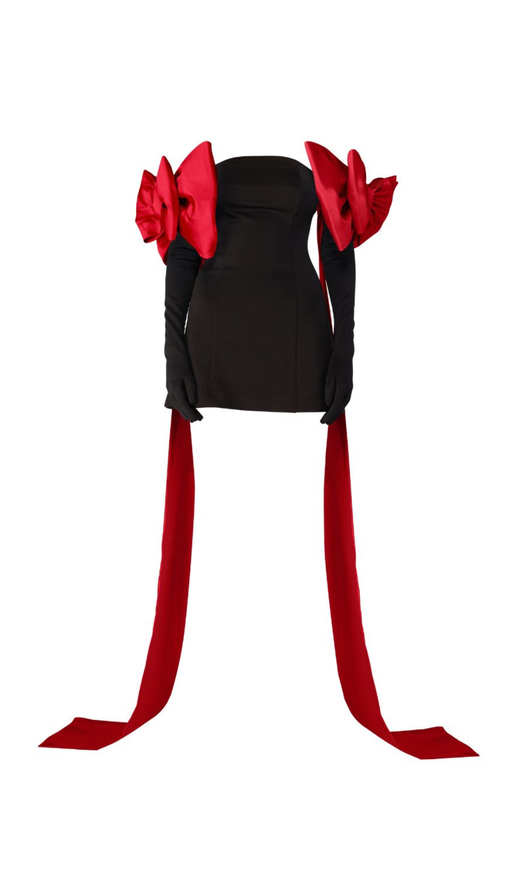 SCHWARZES AMOR-KLEID MIT ROTEN SCHLEIFENHANDSCHUHEN