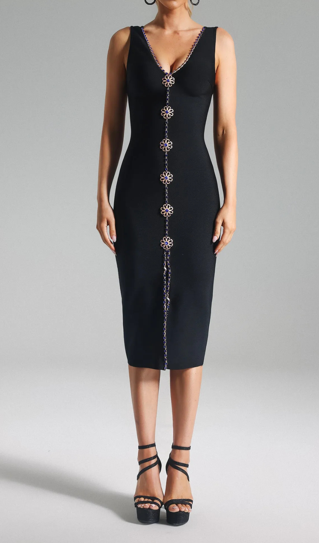 BLAUES MIDI-BANDAGEKLEID MIT KRISTALLVERZIERUNG