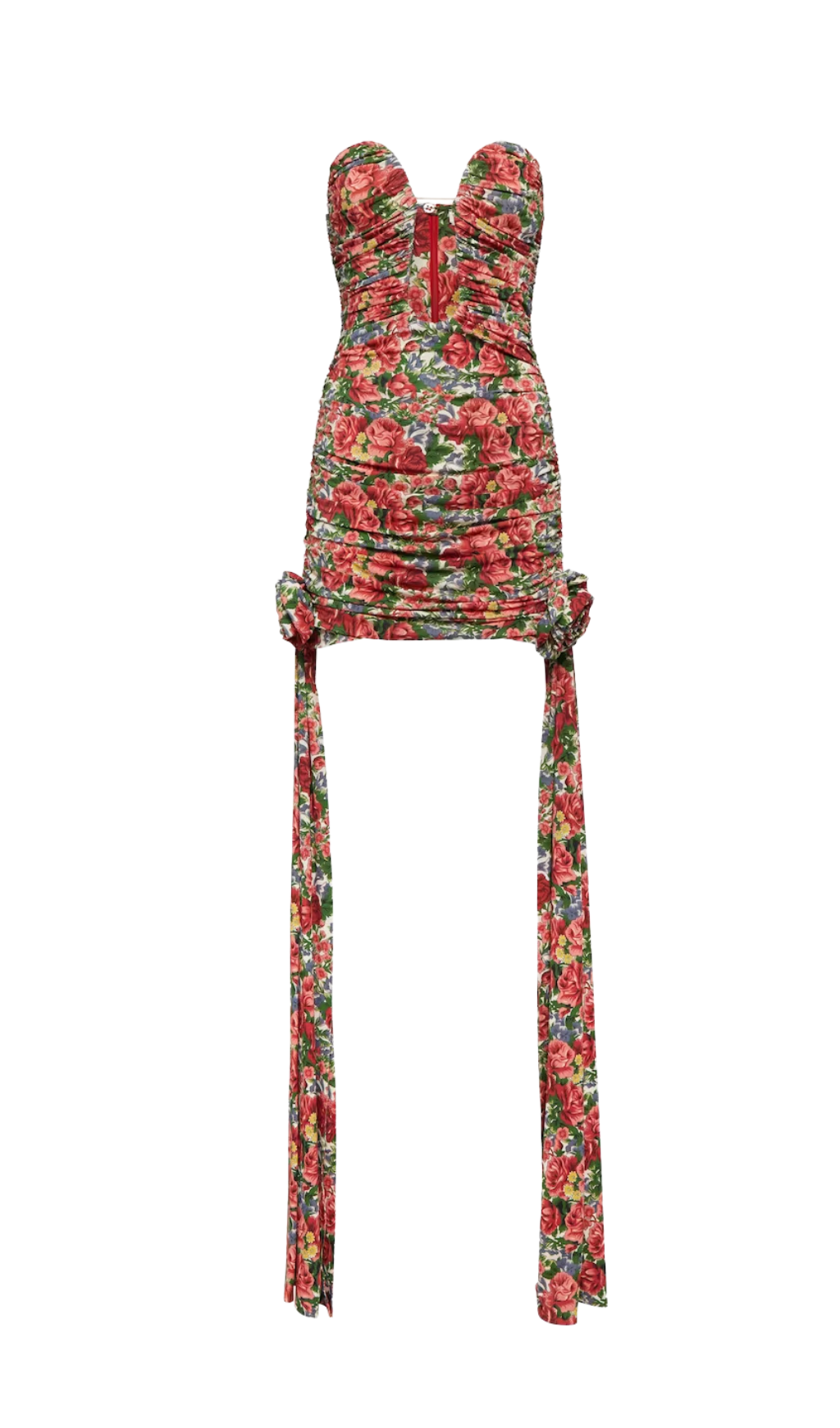 TRÄGERLOSES, DRAPIERTES KLEID MIT CUTOUTS UND BLUMENMUSTER