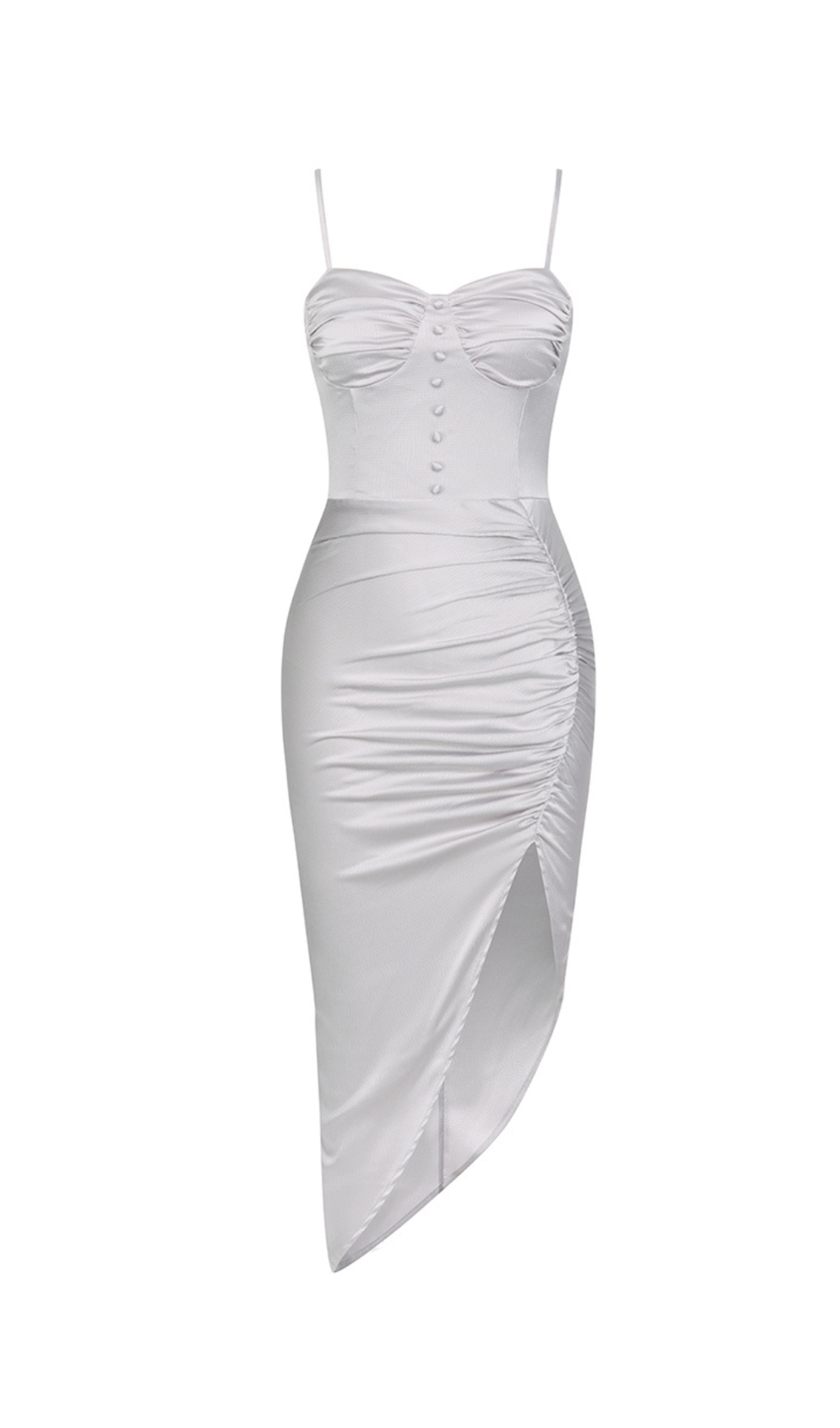 RUCHED SLIT STRAP MIDI DRESS IN LIGHT GRAY