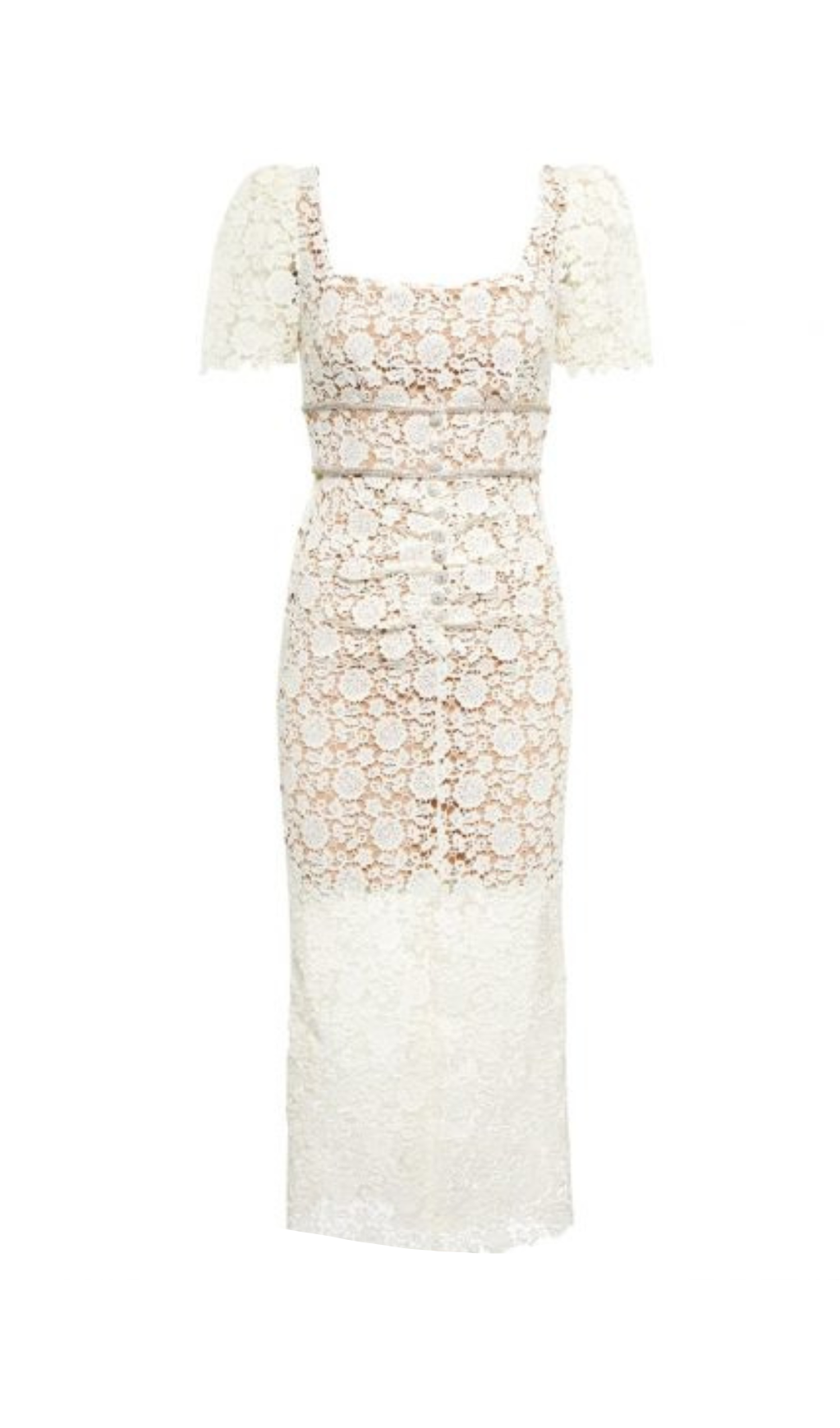 ABITO MIDI IN PIZZO GUIPURE DECORATO IN BIANCO