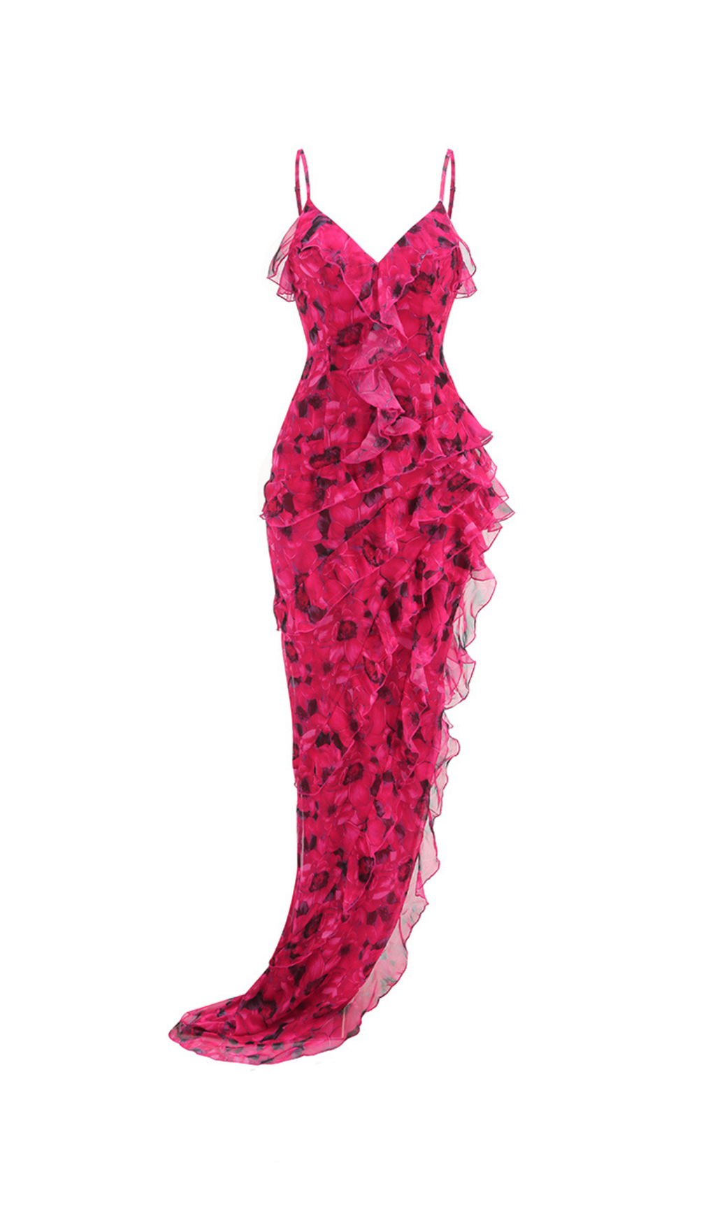 ABITO LUNGO CON VOLANT FLOREALI ROSA SCURO