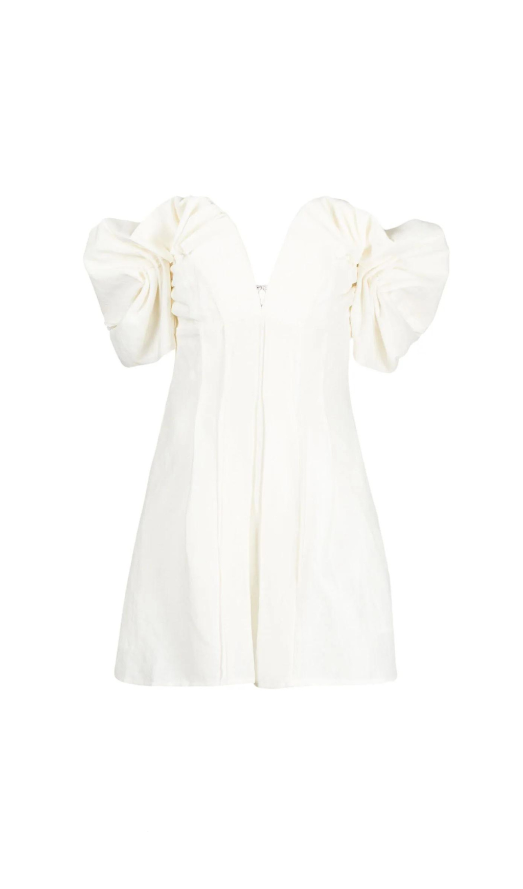 MINI ABITO IN SETA CON SPALLE SCOPERTE E VOLANT, BIANCO