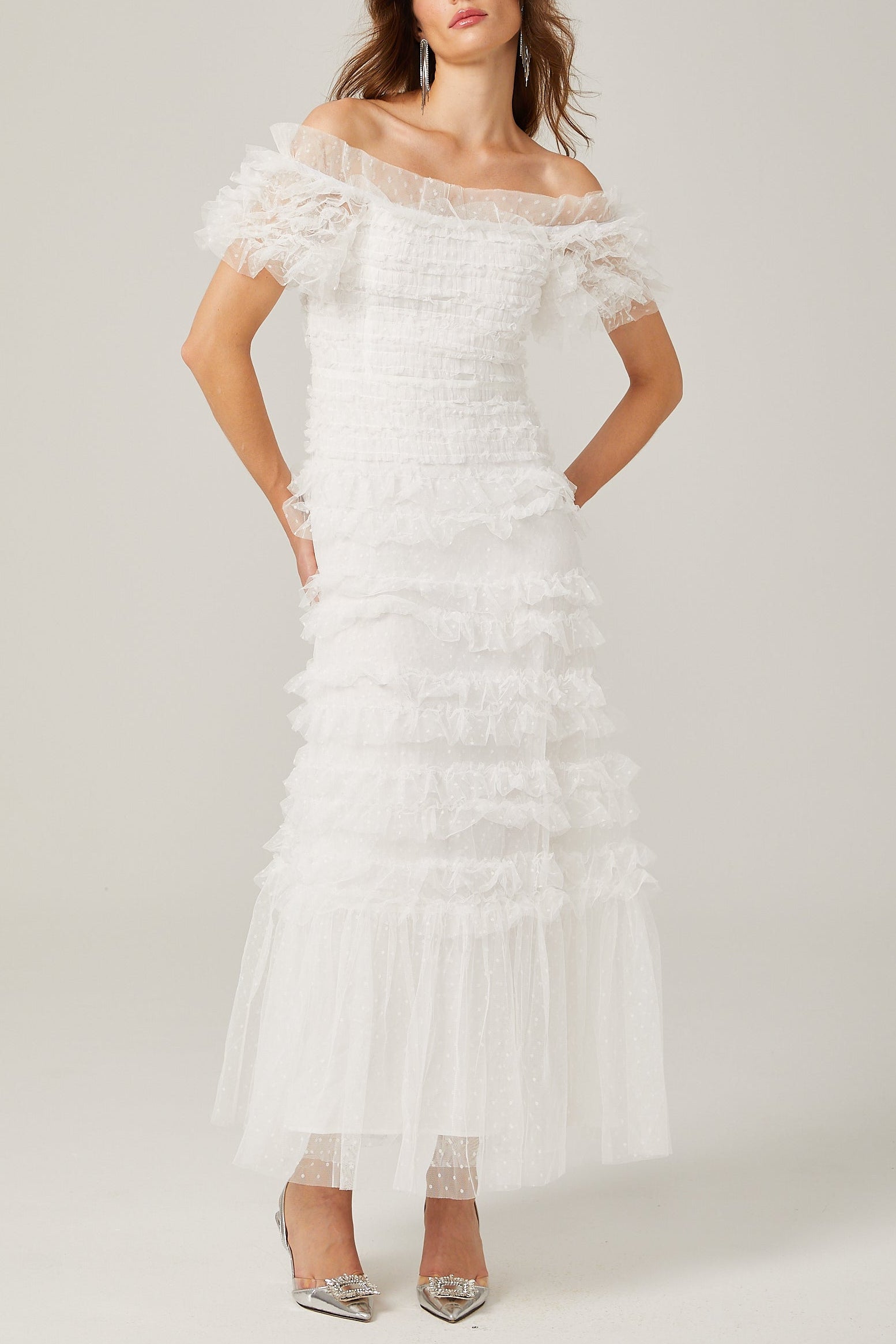Joyce Ruffled Tulle Strapless Midi Dress in White