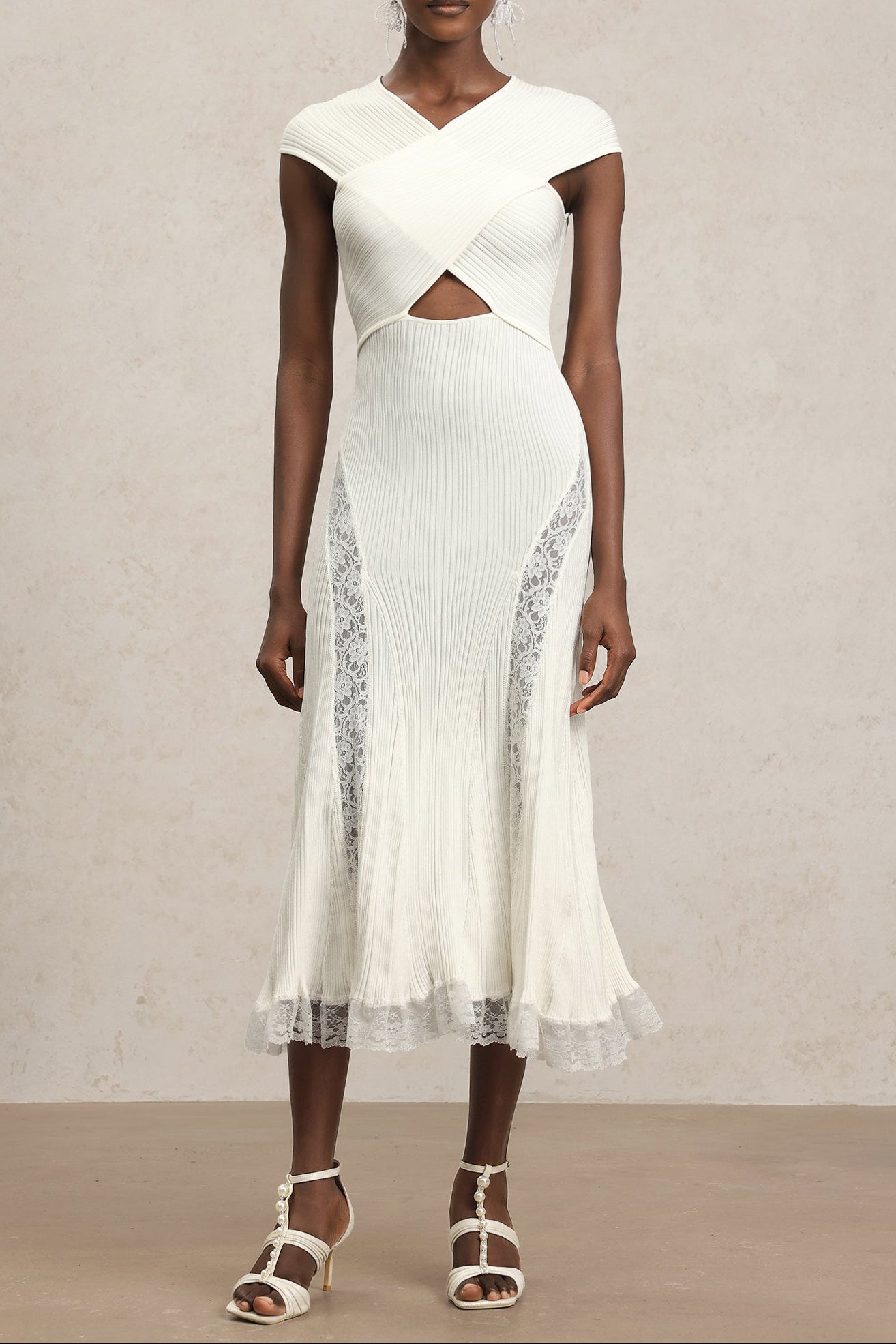 Rcia Sleeveless Lace Hollow Out Bandage Midi Dress