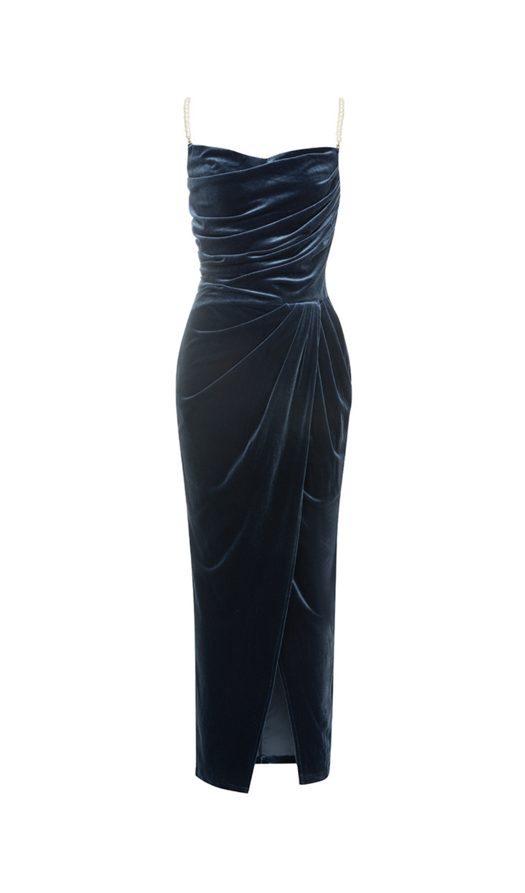 NAVY BEADLESS STRAPLESS VELVET BACKLESS PLEATED MIDI DRESS