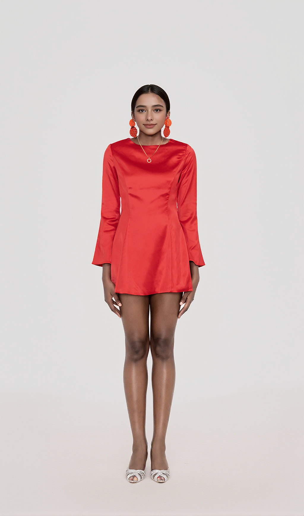 RANDA RED SATIN LONG SLEEVE MINI DRESS