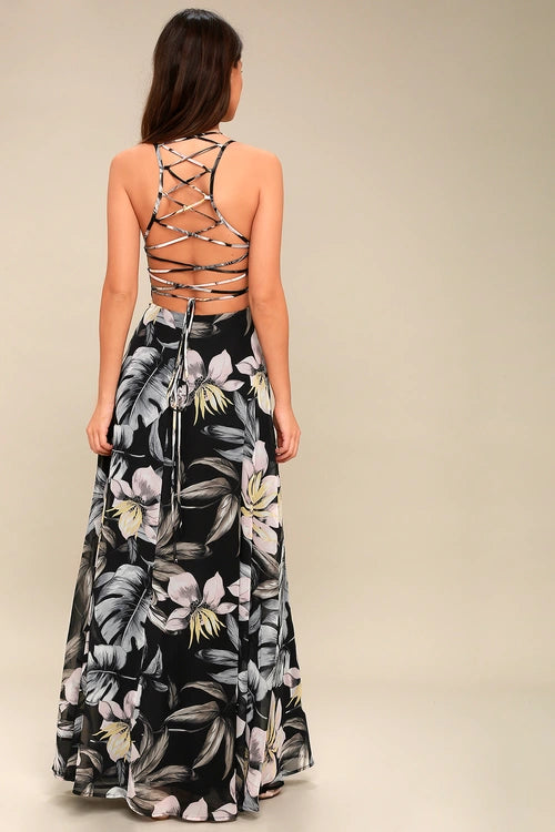 Black Floral Print Lace-Up Maxi Dress