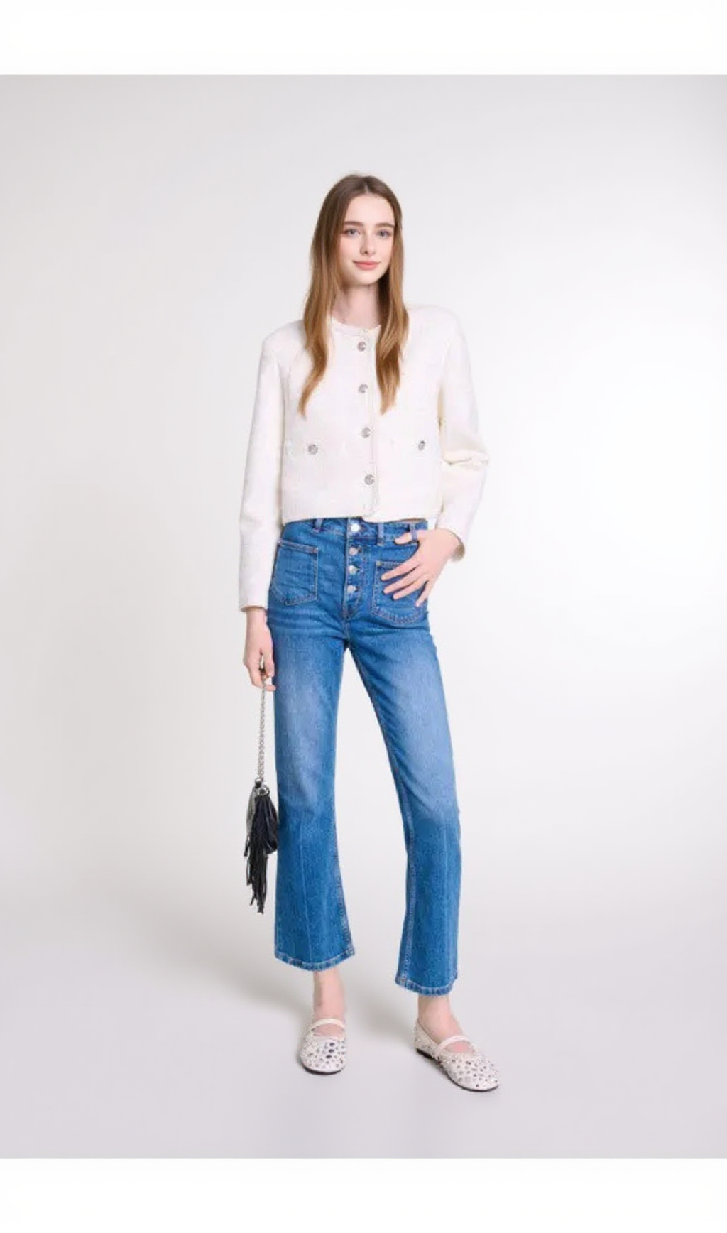 Voyce – Geflochtene Tweed-Strickjacke in Ecru