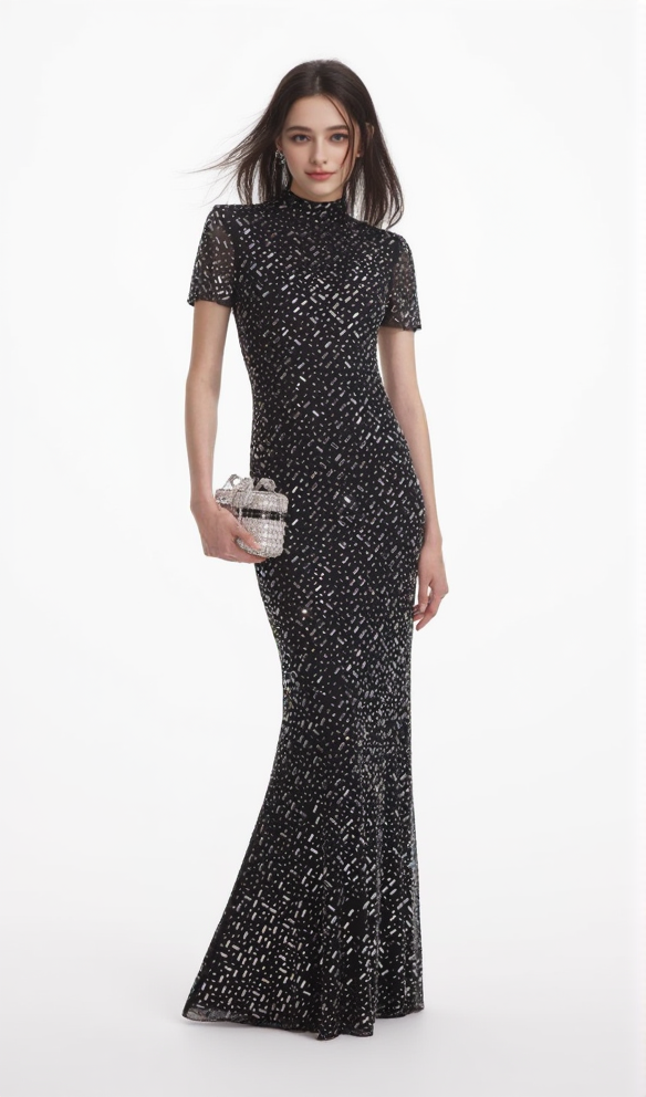 TIFFANY CRYSTAL EMBELLISHED MAXI DRESS IN BLACK