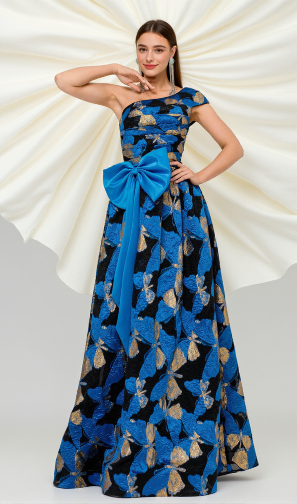 A-Linien-Kleid mit Plissee, Jacquard-Schleife und Blumenmuster