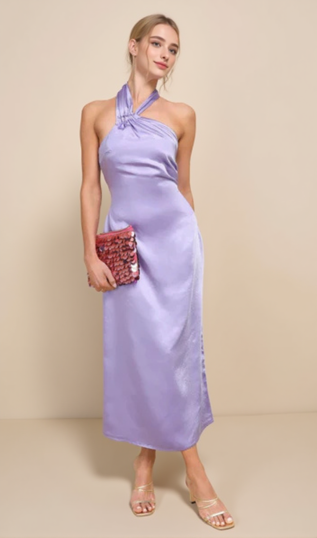 Perfectly Sleek – Lavendelfarbenes Neckholder-Midikleid aus Satin