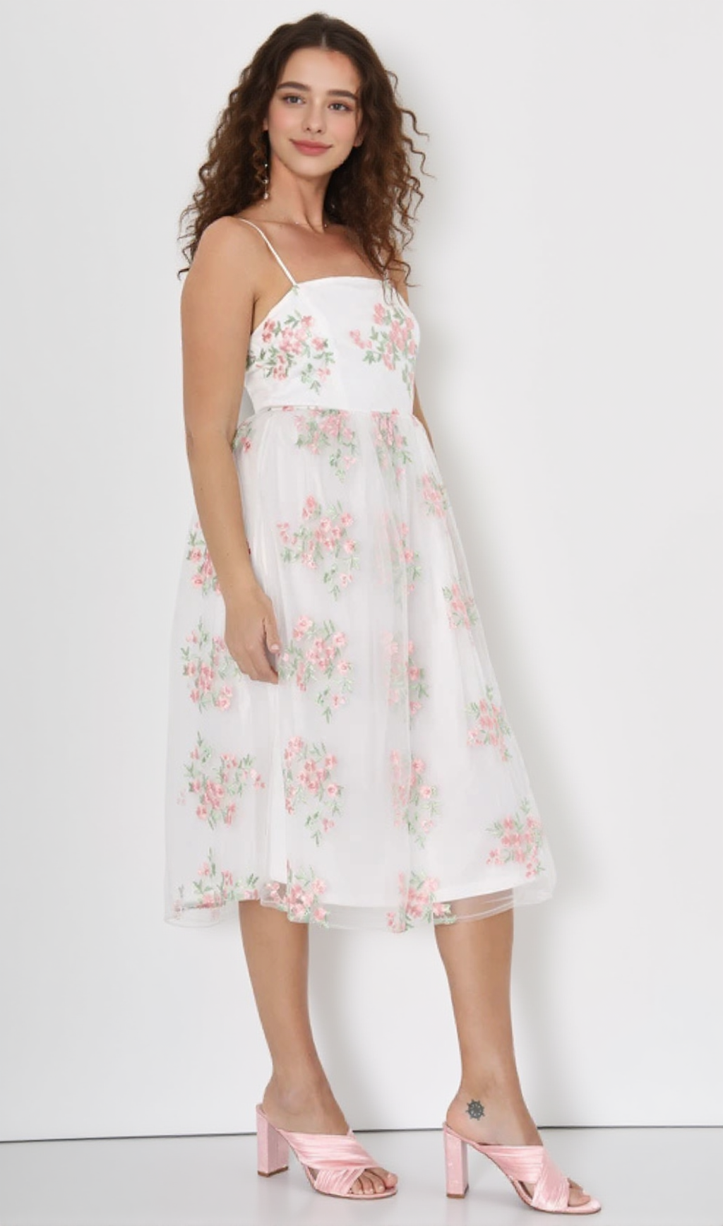 White Floral Embroidered Tulle Midi Dress
