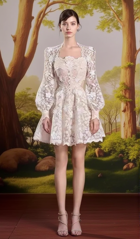 pearl-embellished fish bone mini dress in apricot main image 0