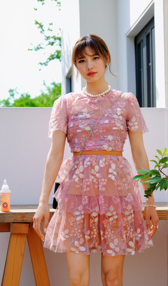 FLOWER MESH TIERED MINI DRESS