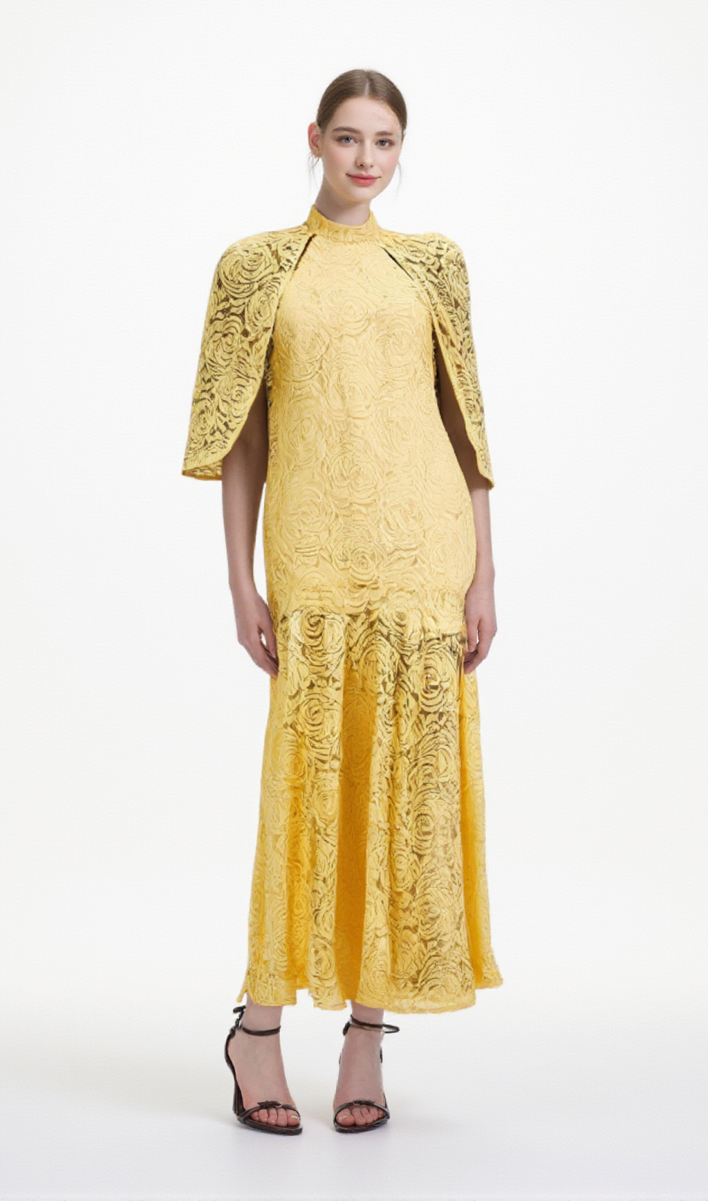 URSULA YELLOW CAPE-DESIGN CHANTILLY-LACE MAXI DRESS