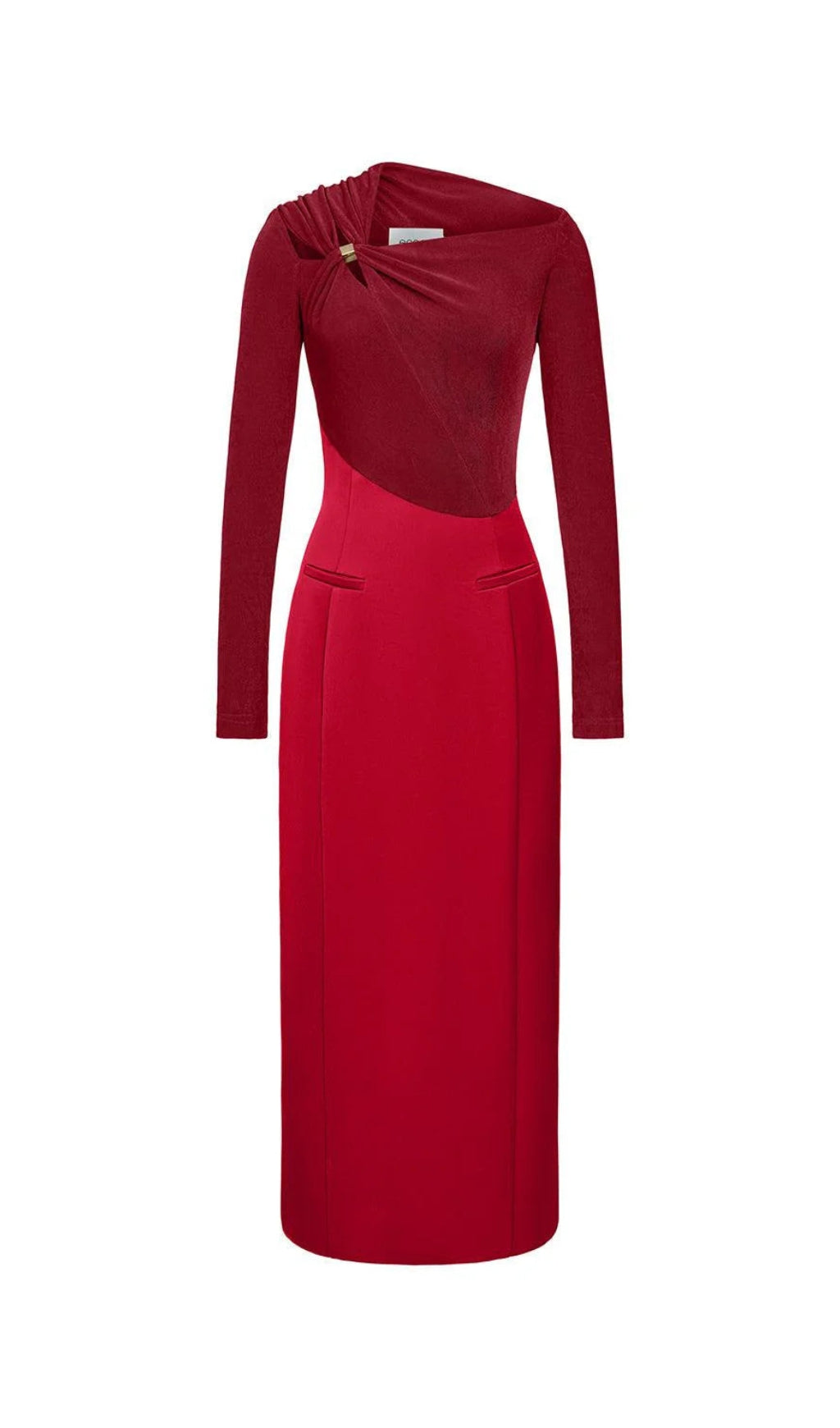 ELEANOR SHEATH ASYMMETRIC NECK TAFFETA MIDI DRESS IN RED