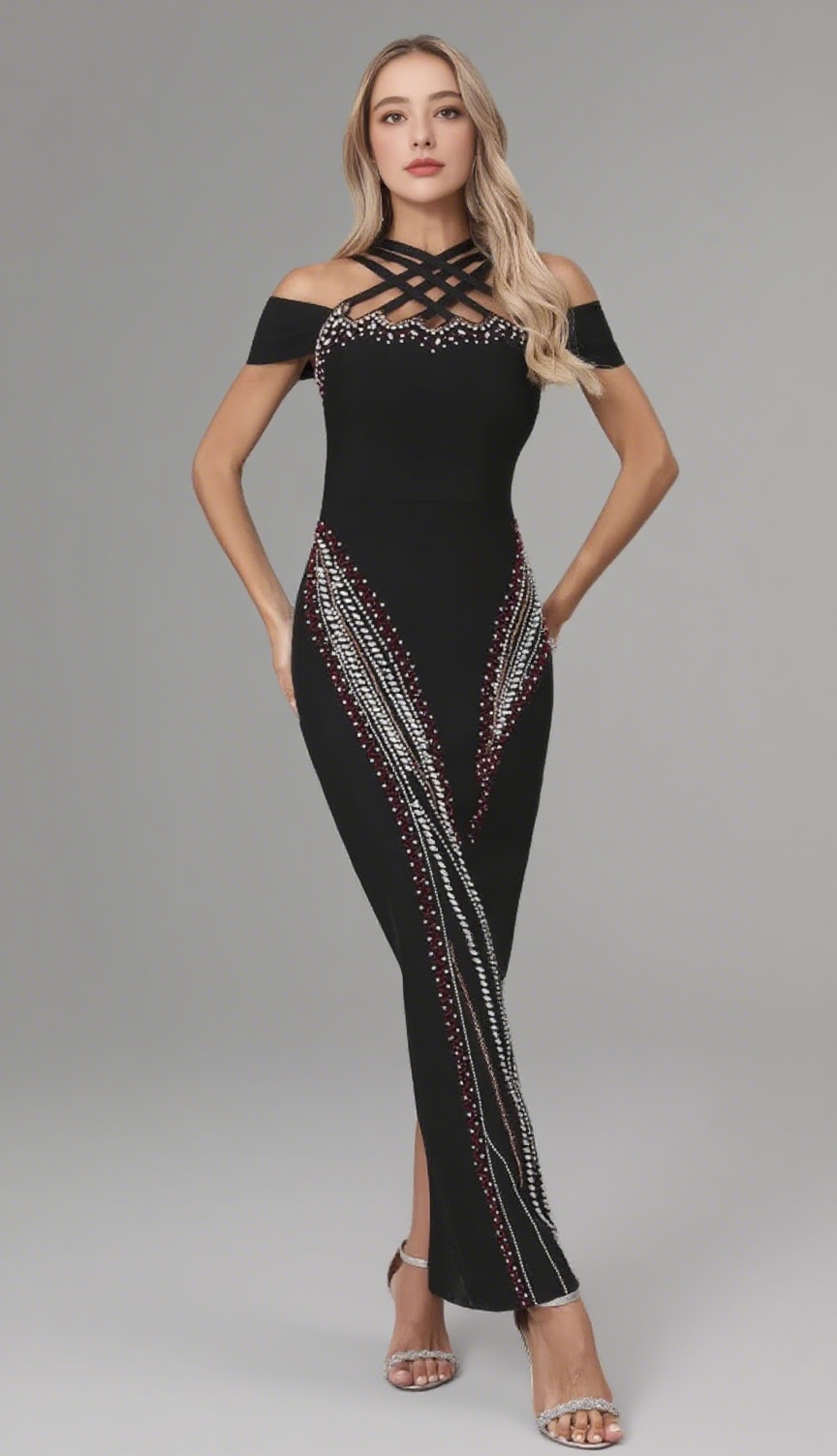 OFF SHOULDER CRISSCROSS RHINESTONE EMBELLISHED MIDI DRESS IN BLACK