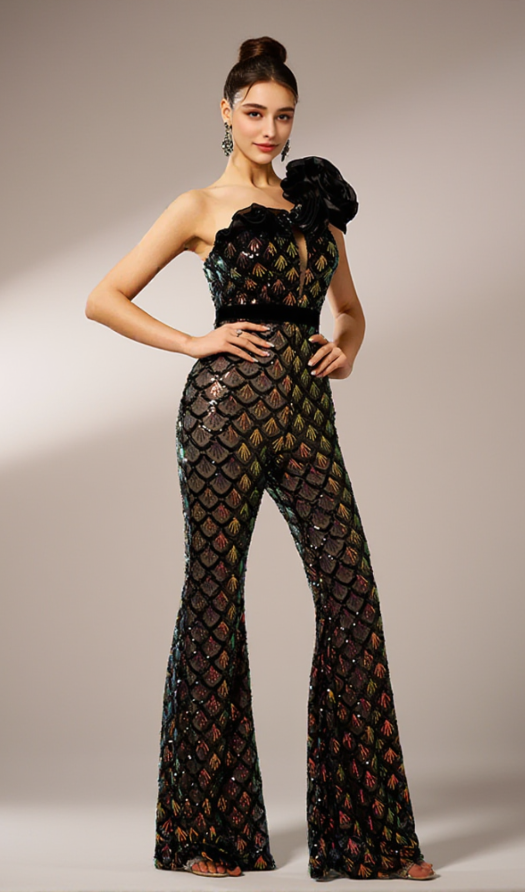 MERMAID SCALE FLORAL ONE-SHOULDER SEQUIN JUMPSUIT
