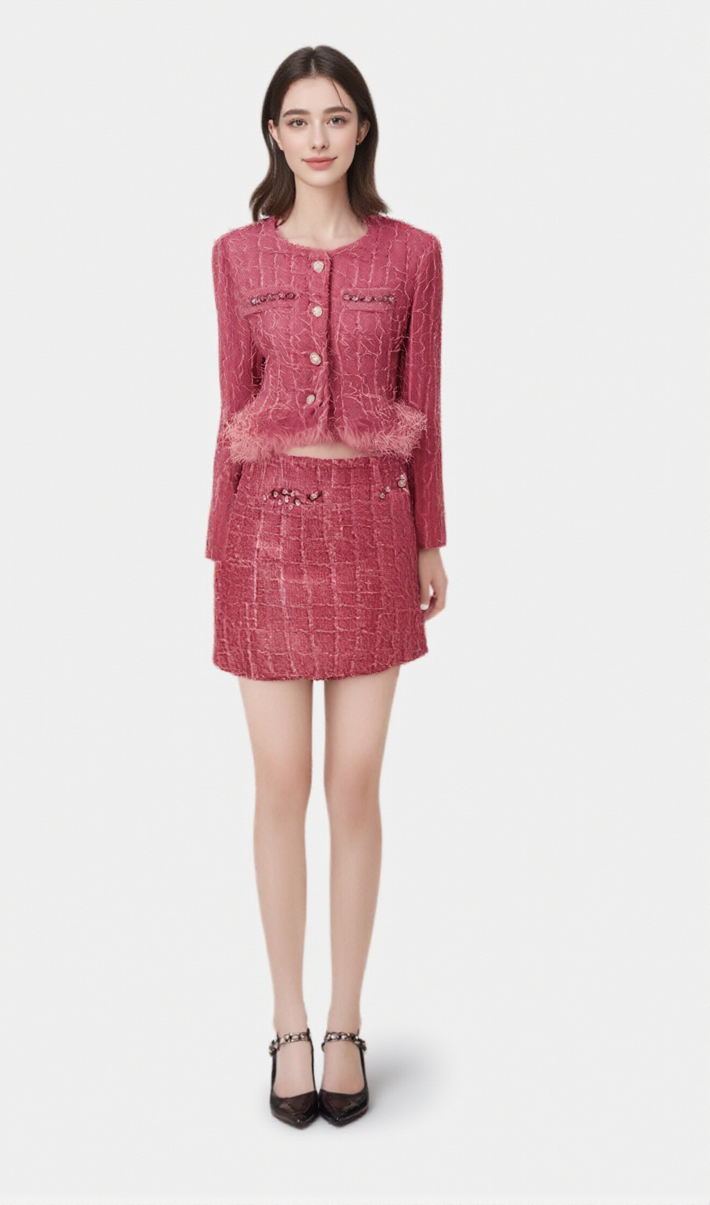 GISÈLE TWEED FRINGED JACKET & SKIRT MATCHING SET