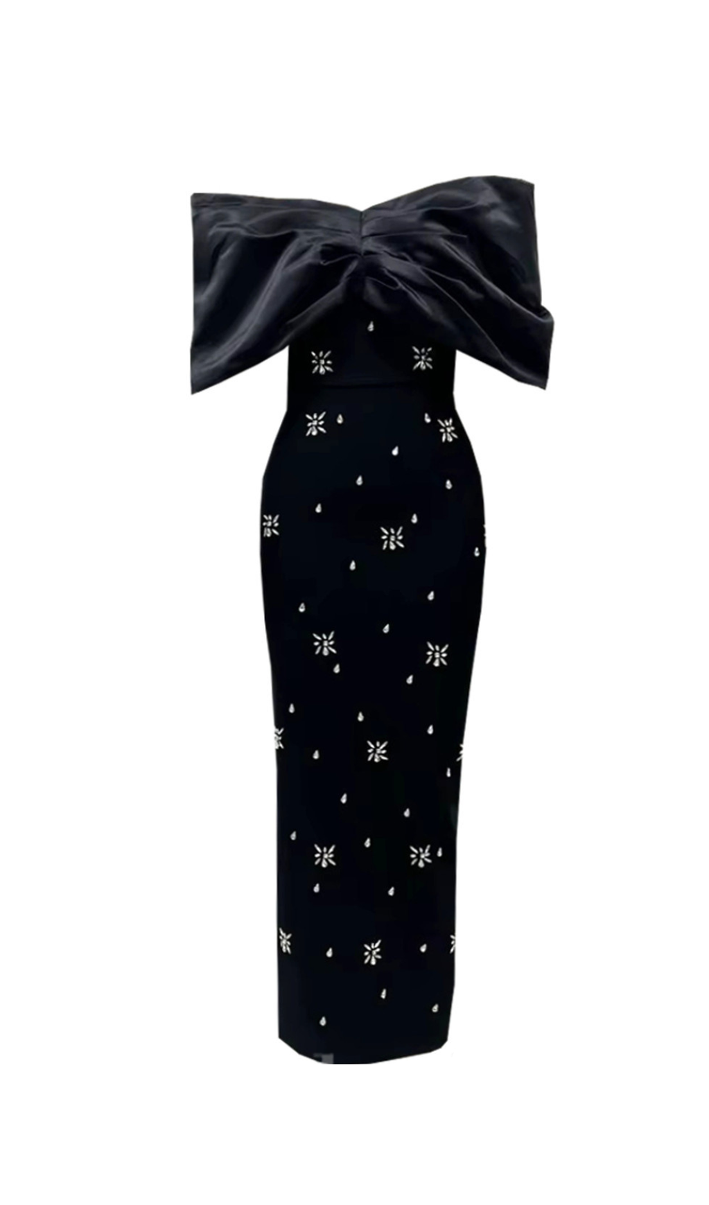 DRAPED BARDOT CRYSTAL DETAIL MAXI DRESS IN BLACK