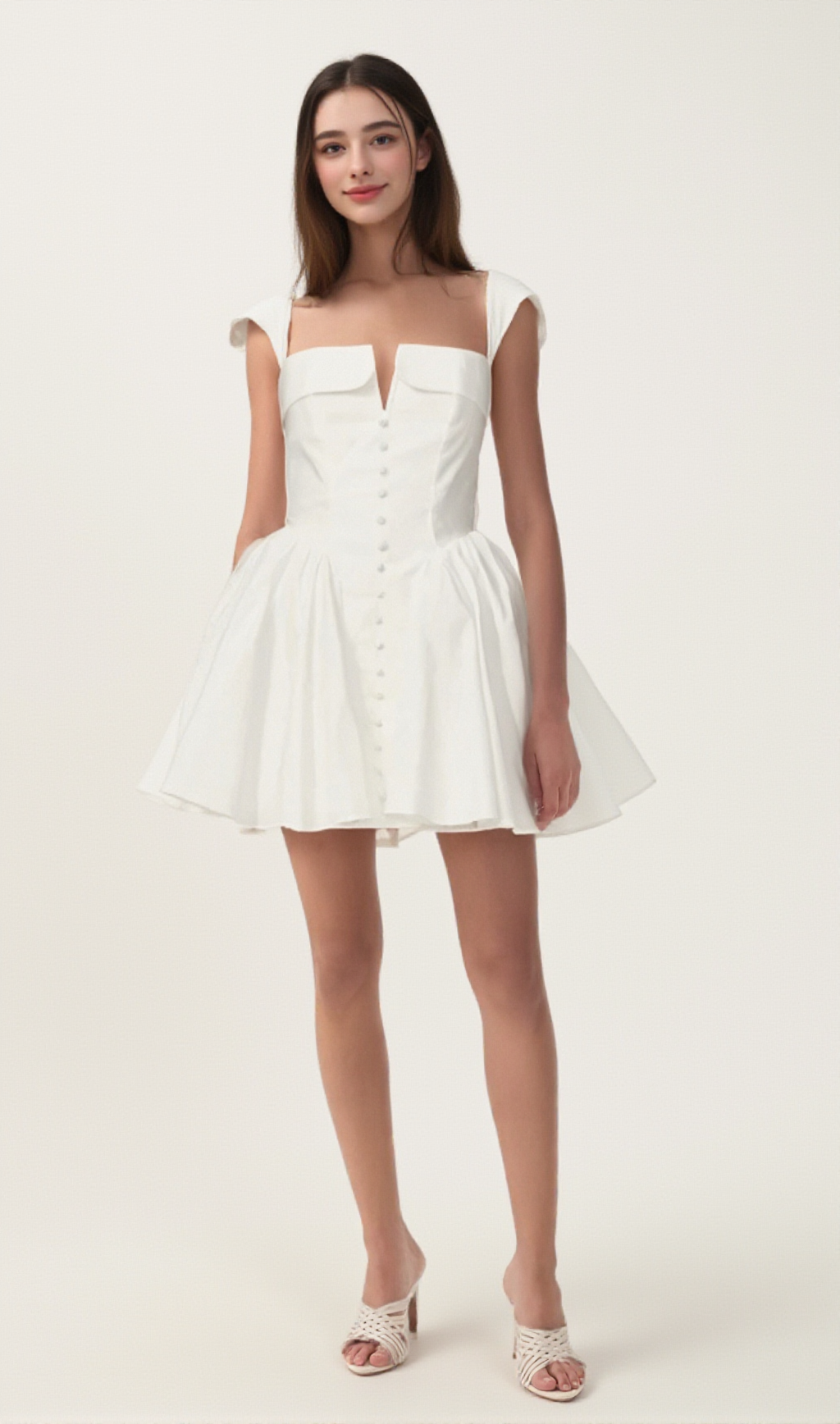 JULIE WHITE FOLDED-NECK BONDED SLEEVELESS MINI DRESS