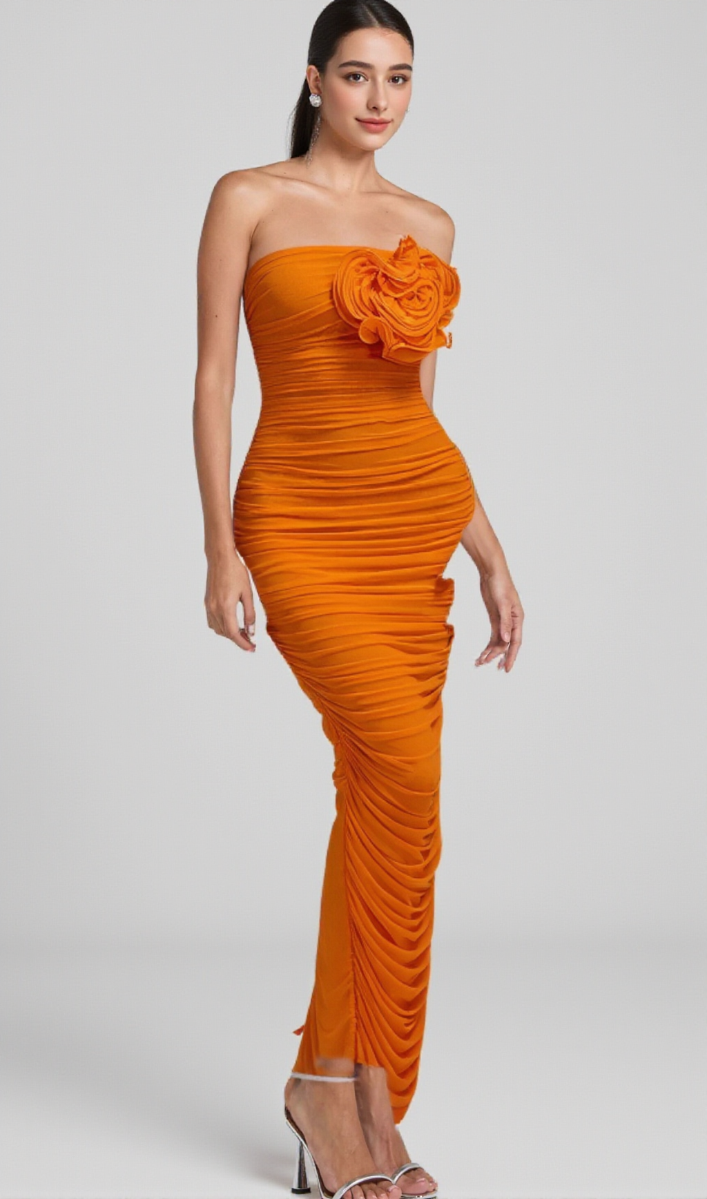 ORANGE OPEN BACK RUCHED FLOWER BODYCON MAXI DRESS