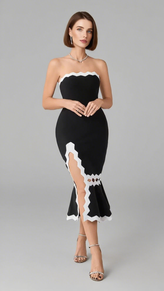 FISHTAIL LACE SLIT TUBE TOP MIDI DRESS IN BLACK