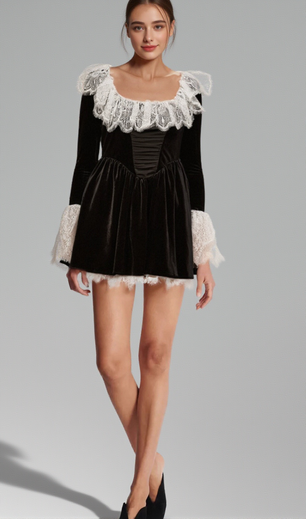 FABIANA BLACK LACE-TRIMMED VELVET MINI DRESS