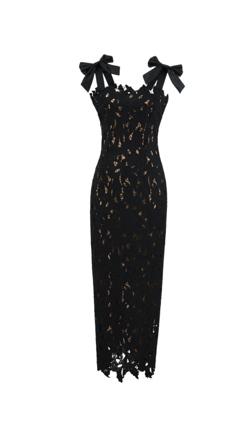 ABITO LUNGO IN PIZZO RICAMATO CON FIOCCO E CINTURINI HERMOSA NERO