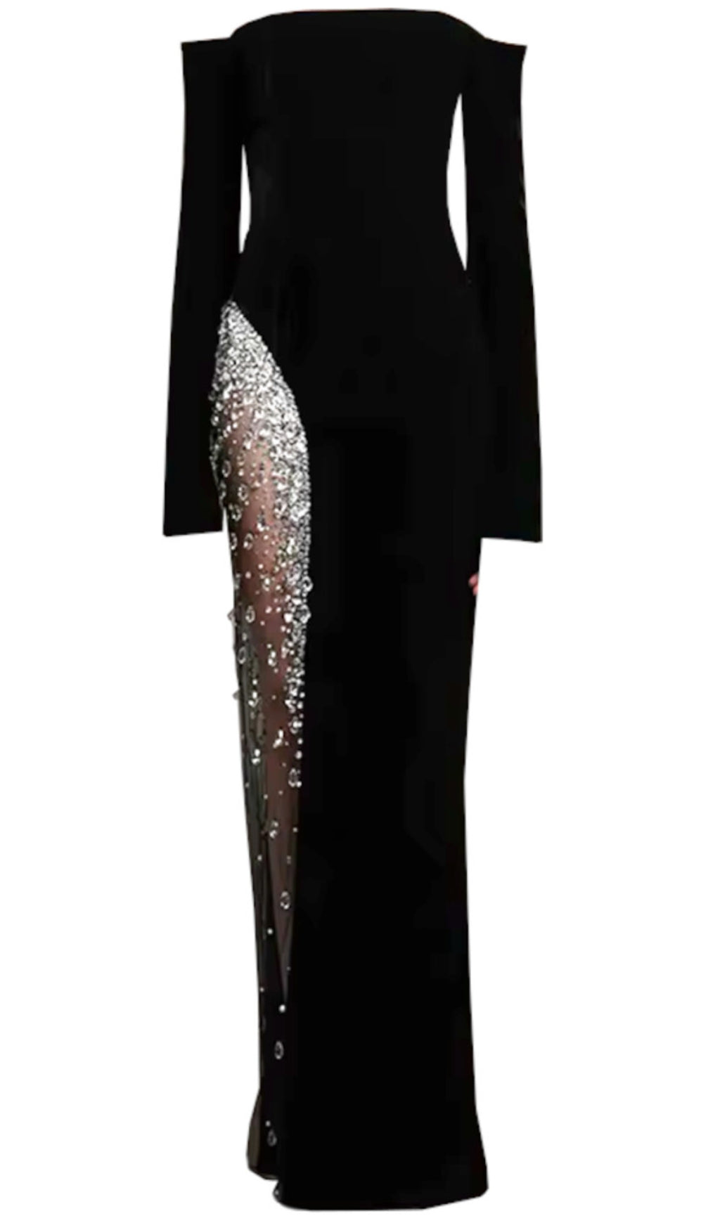 LONG SLEEVE BARDOT CRYSTAL MESH MAXI DRESS BLACK