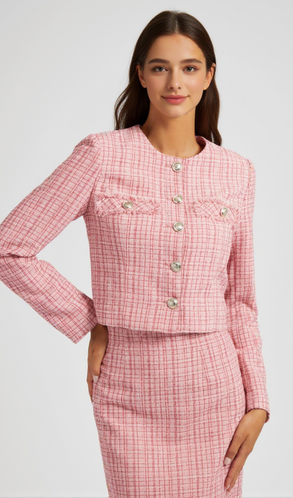 Cardigan in maglia a quadri rosa