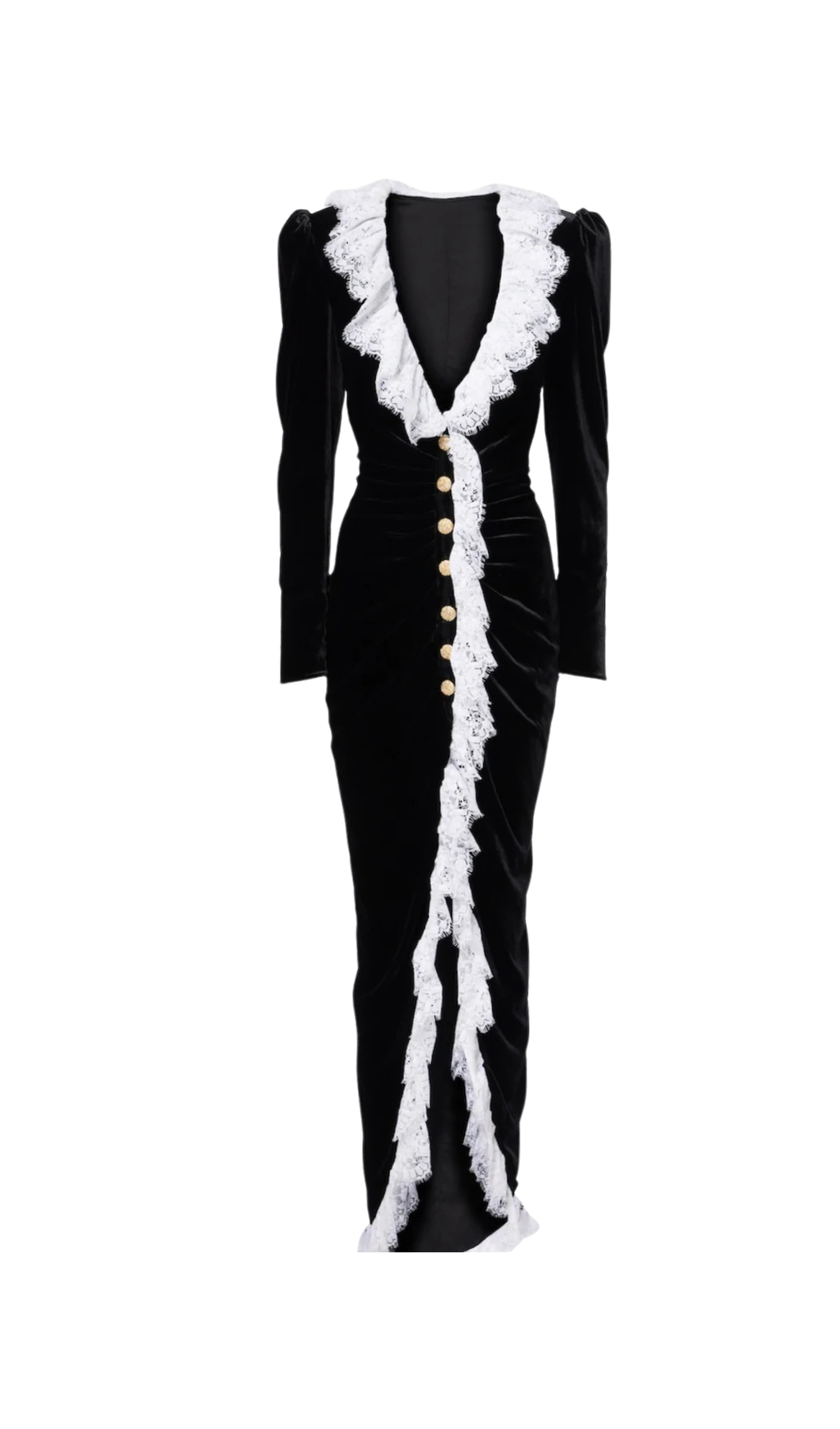 CANNIA LACE-TRIMMED VELVET MAXI DRESS IN BLACK