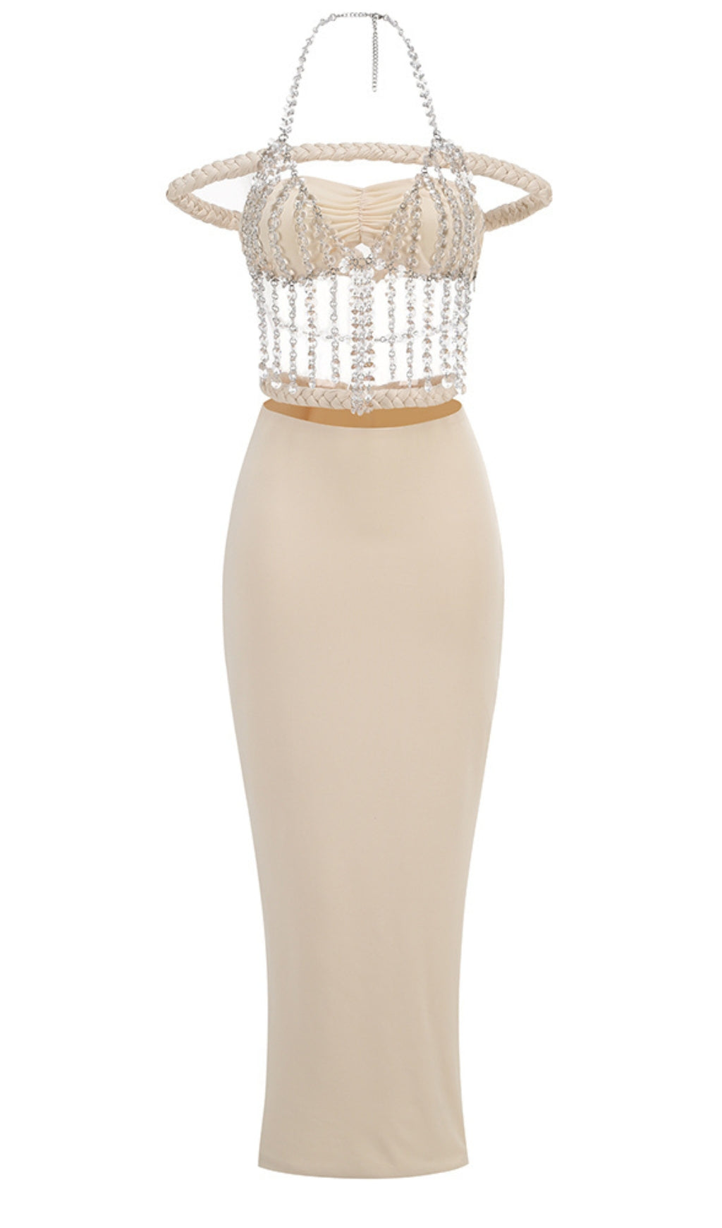HALTER CRYSTAL BRAIDED BARDOT MAXI DRESS IVORY