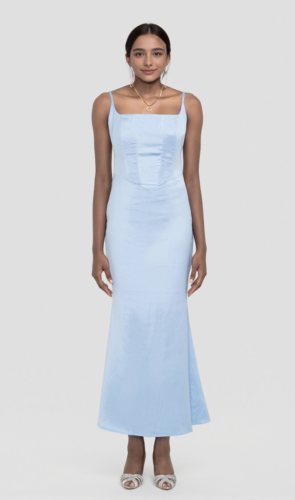 SATIN CORSET MAXI DRESS IN BLUE