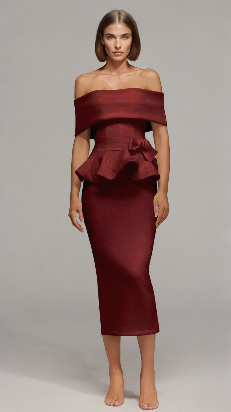 ELEANORE OFF THE SHOULDER RUFFLED EDGE RED MIDI DRESS