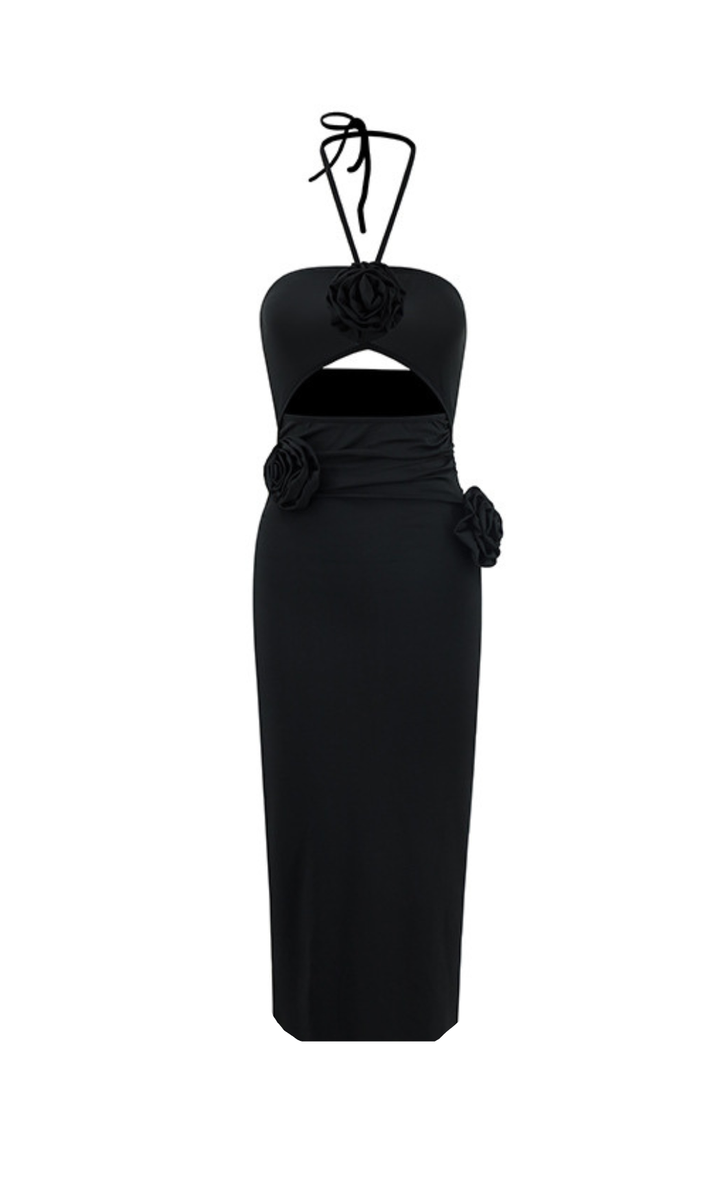 FLOWER HALTER CUT OUT DRESS IN BLACK
