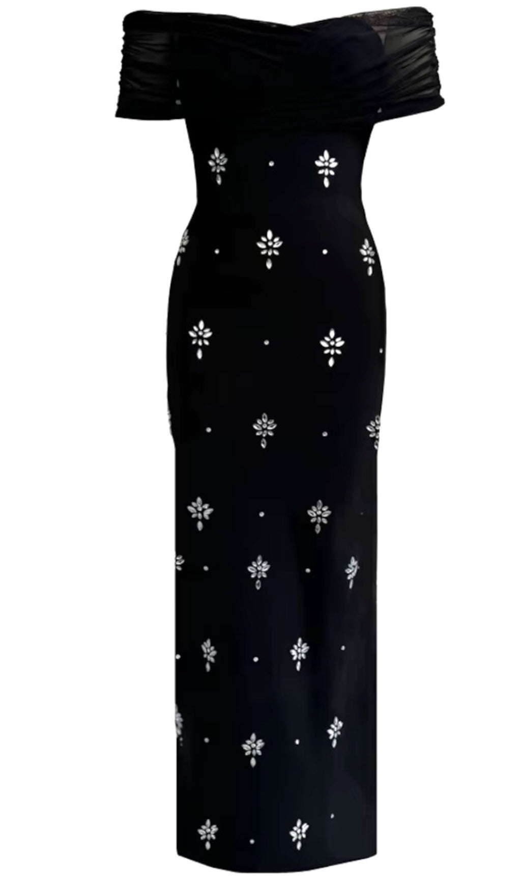 DRAPED BARDOT CRYSTAL MAXI DRESS BLACK