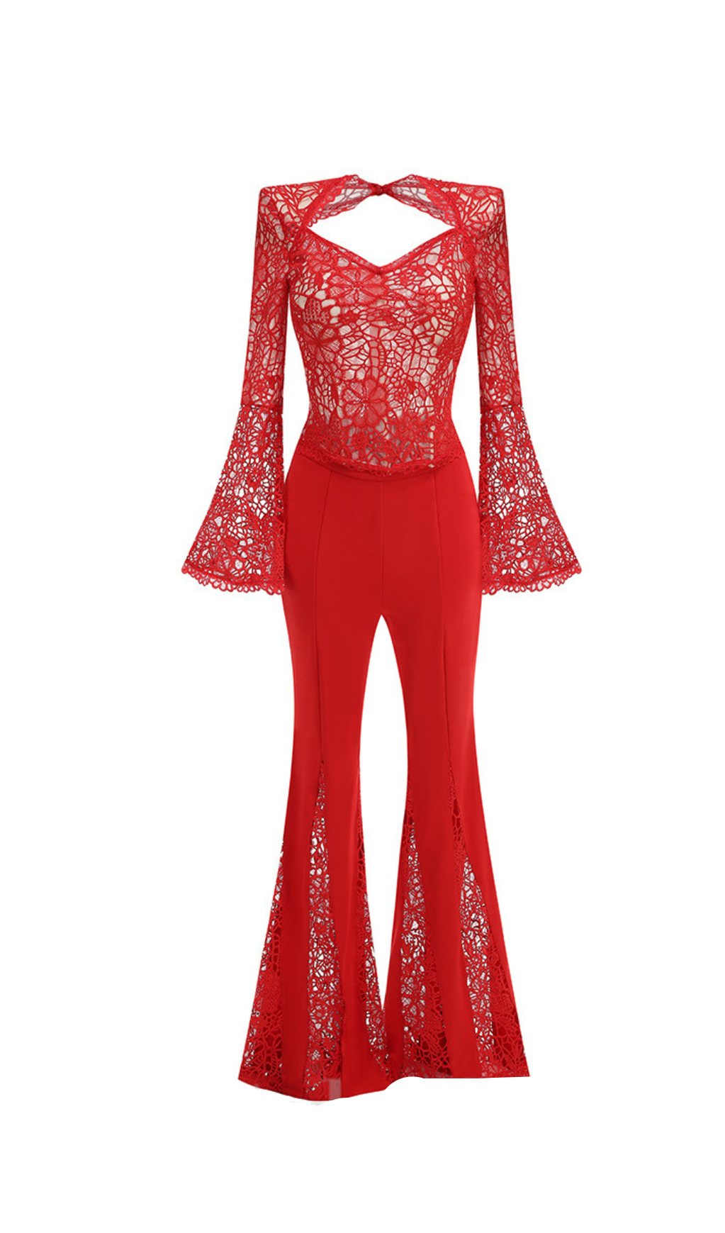 Jumpsuits mit Trompetenärmeln und Spitzenverzierung in Rot