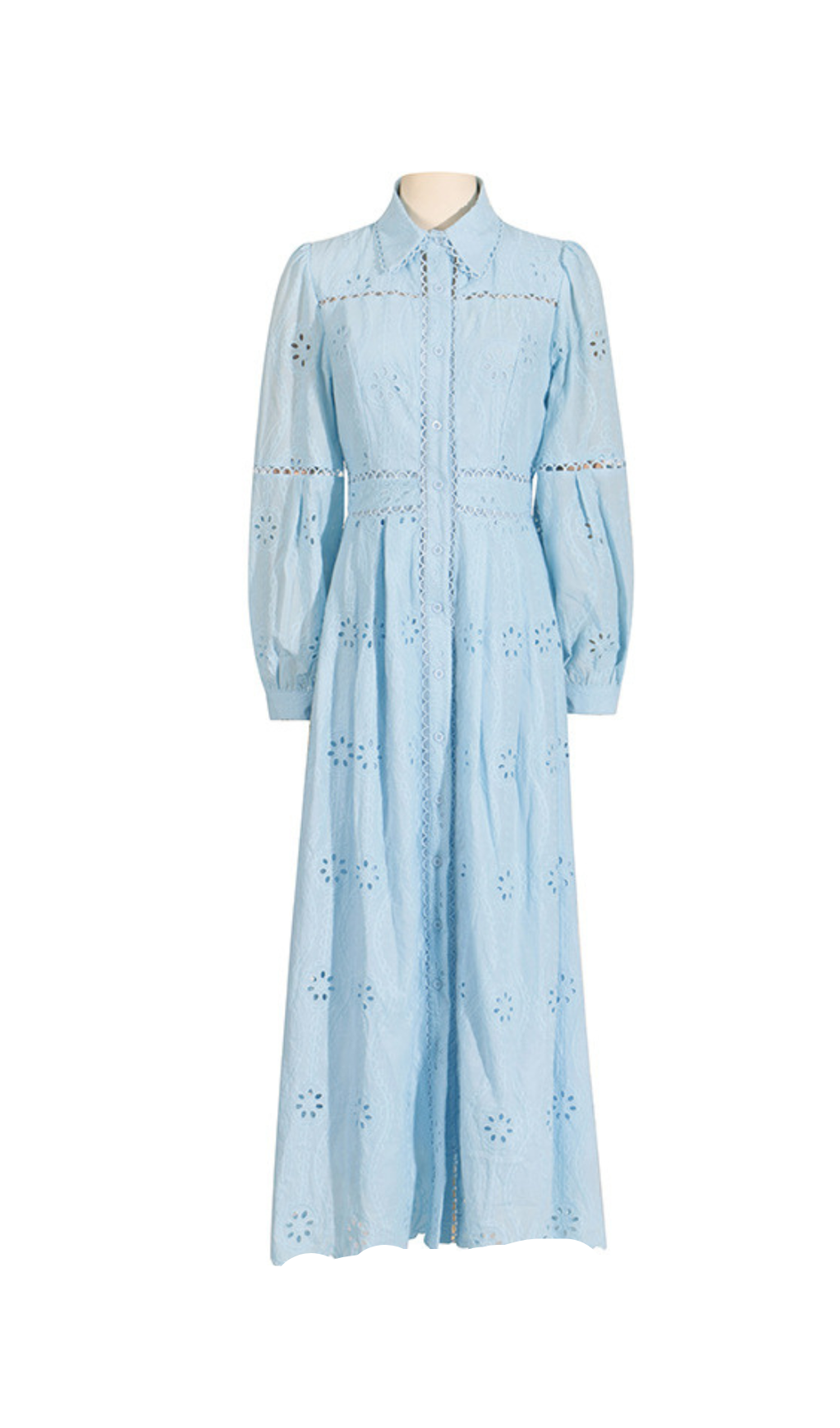 RETRO SINGLE-BREASTED HOLLOW LACE MIDI DRESS IN BLUE