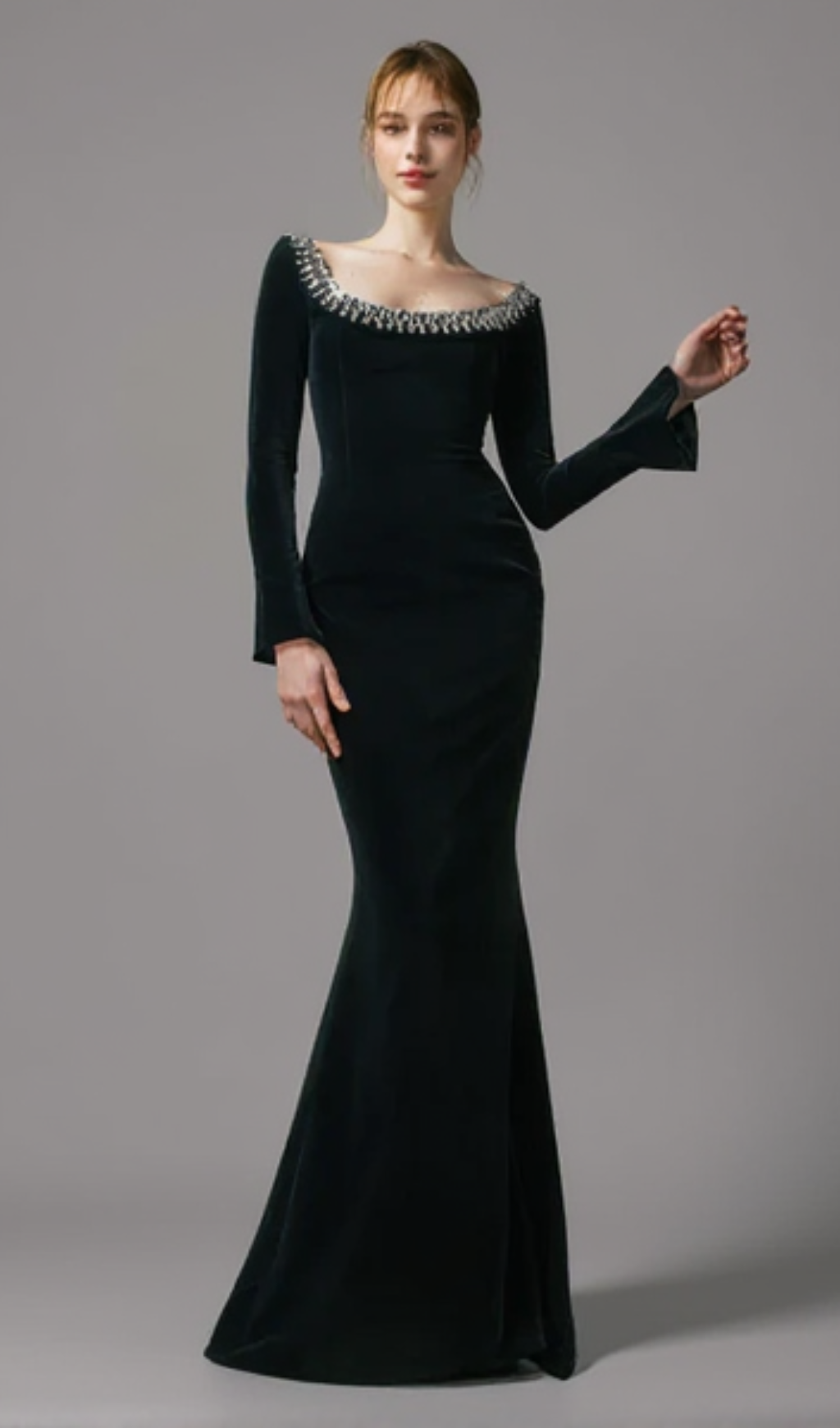 BLACK CREPE GOWN WITH CRYSTAL NECKLINE