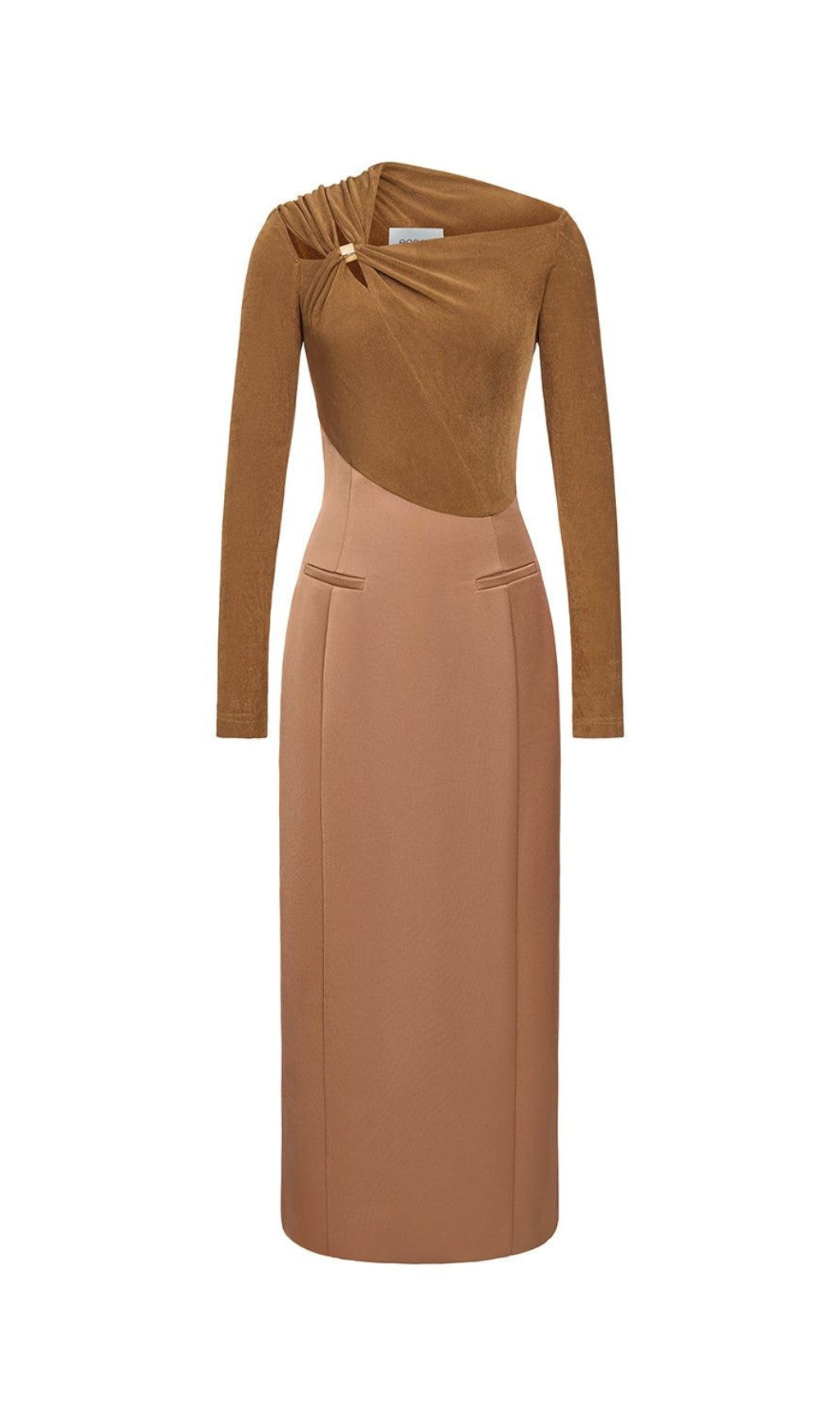 ELEANOR SHEATH ASYMMETRIC NECK TAFFETA MIDI DRESS IN BROWN