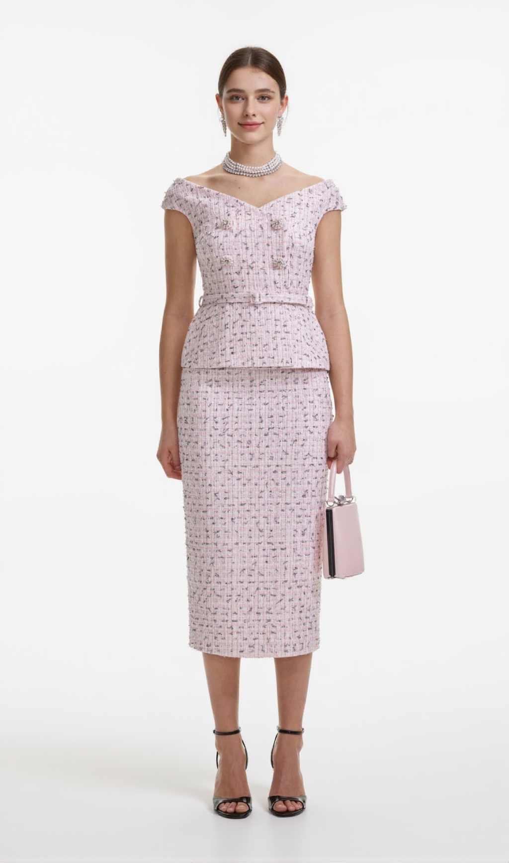 Rosa Bouclé-Midikleid mit Perlen