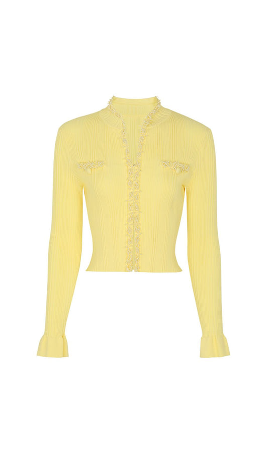 AIIZIE Buttery Yellow Ribbed Knit Cardigan & Mini Skirt Set - Chic 2-Piece Outfit - product image