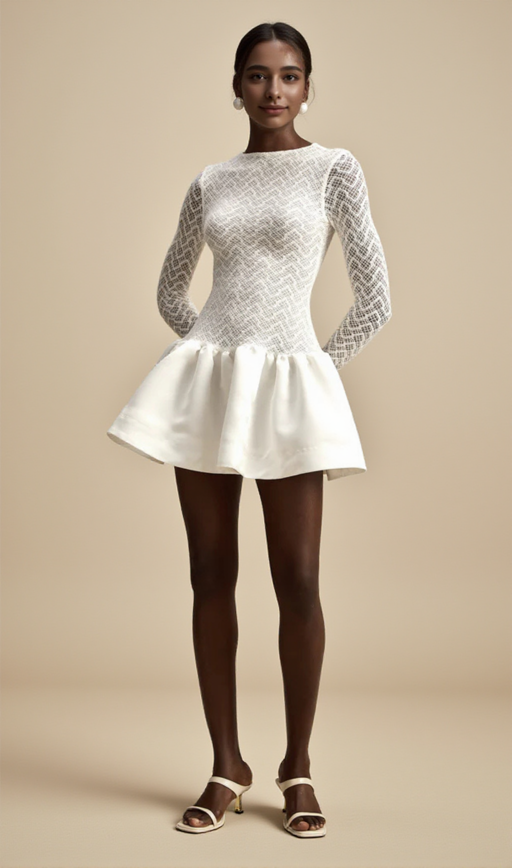 Lace Patchwork Puff Mini Dress in white