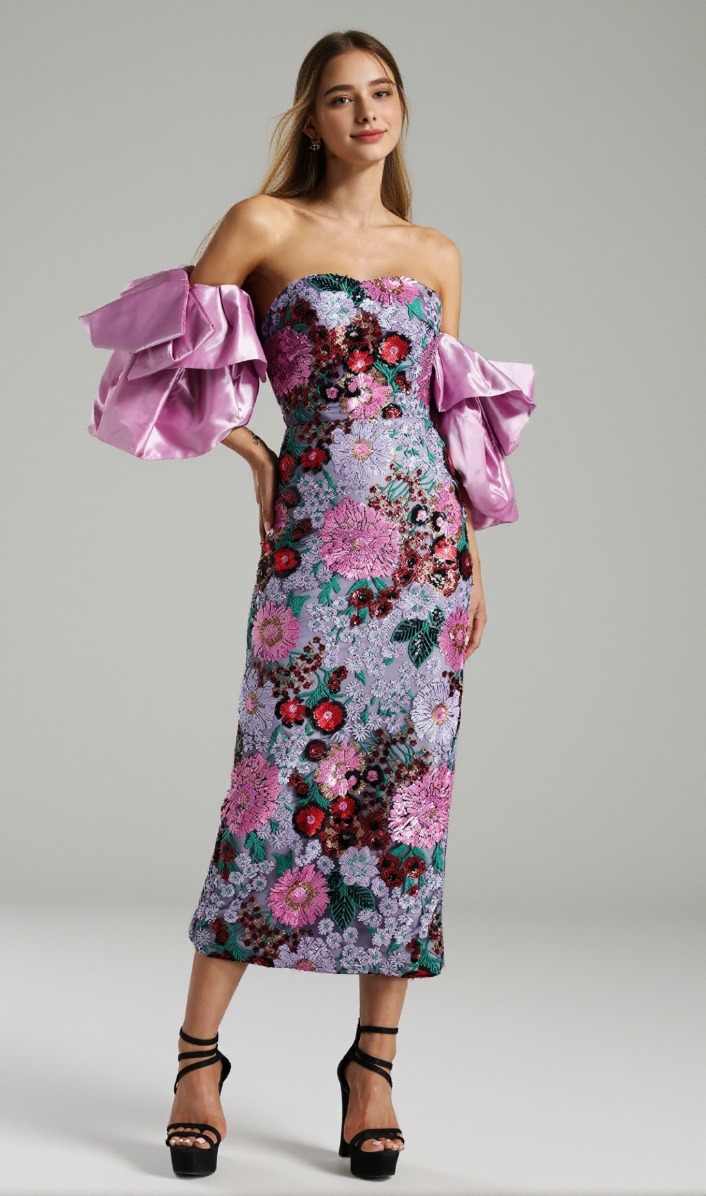 ANGELA MULTICOLOR FLOWER SEQUINS RUFFLED SHOULDER MIDI DRESS