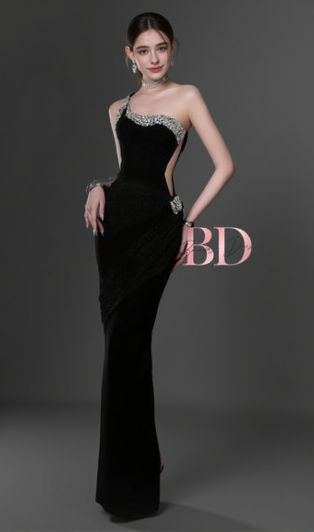 BLACK ONE-SHOULDER DIAMONDS BANDAGE MAXI DRESS